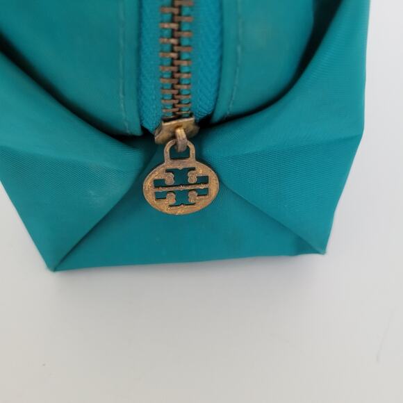 Tory Burch Cosmetic Toiletry Bag Case Teal Blue Pouch Zip Around Logo Medium - Picture 5 of 10